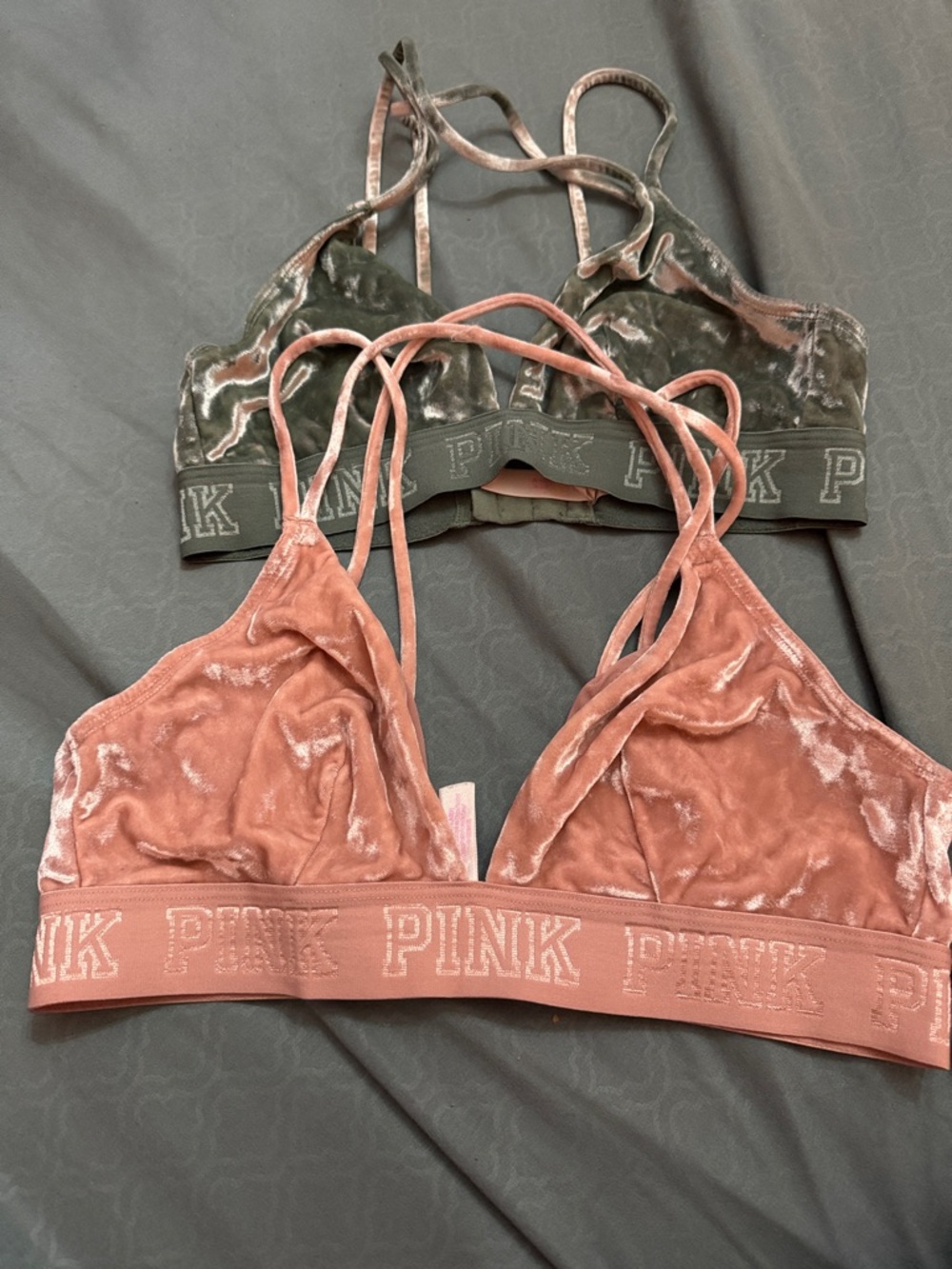 PINK Velvet Strappy Bralette Duo - Olive & Dusty Rose
